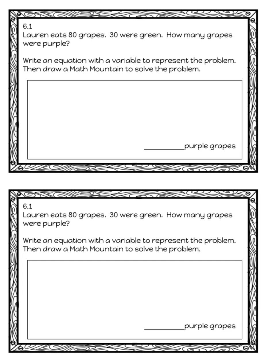 Exit slip 6.1: students write an equation with a variable for 80 grapes, 30 green, then draw a Math Mountain to solve