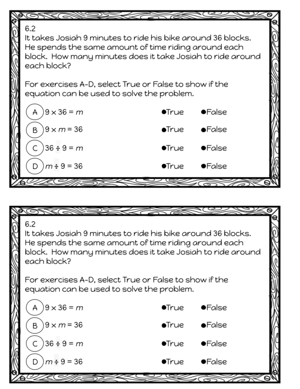 Exit slip 6.2, equations for a word problem: students mark True or False for four equations solving 36 blocks in 9 minutes