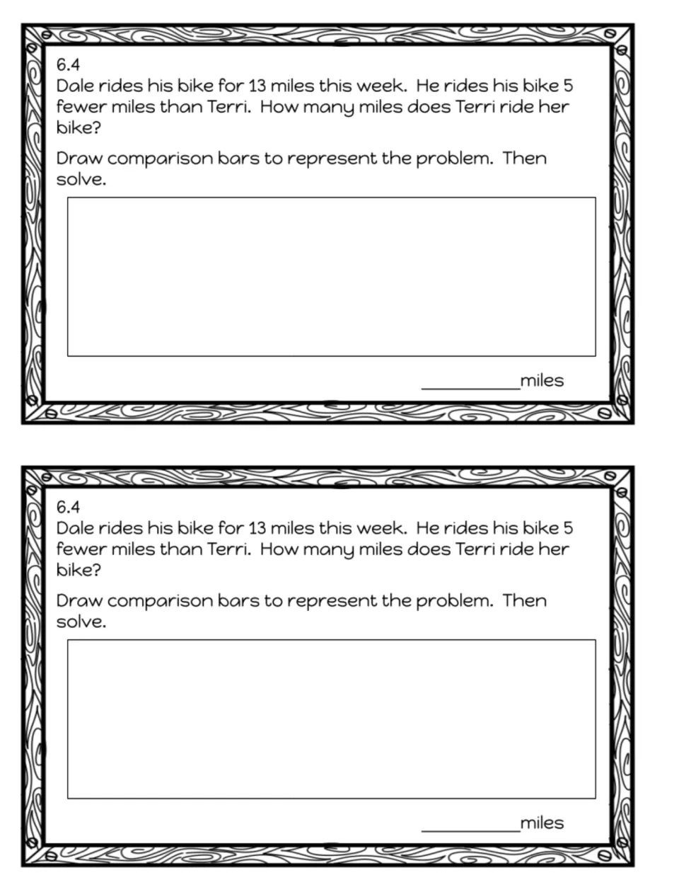 Exit slip 6.4, comparison word problem: Dale rides 13 miles, 5 fewer than Terri; students draw comparison bars and solve