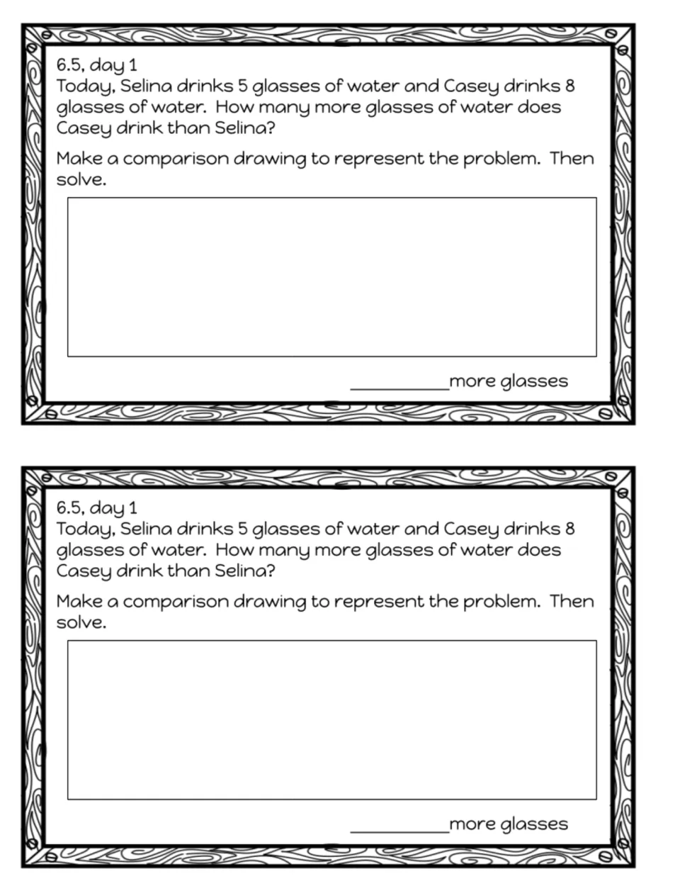 Exit slip 6.5 day 1: students make a comparison drawing to find how many more glasses of water Casey drinks than Selina