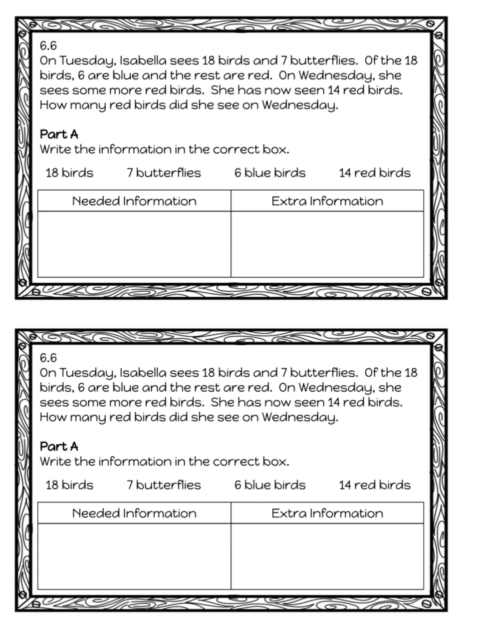 Exit slip 6.6, Part A: students sort 18 birds, 7 butterflies, 6 blue and 14 red birds into needed and extra information