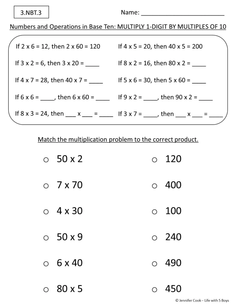 Multiplying 1-digit numbers by multiples of 10: students use facts like 3 x 2 = 6 to find 3 x 20, then match 6 products