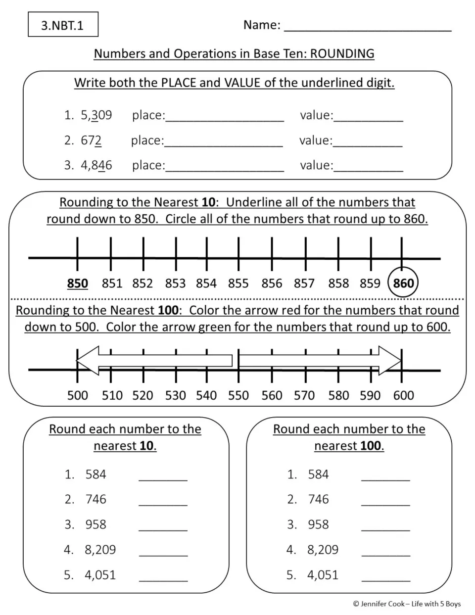 Rounding review: students name place and value of digits, sort numbers on number lines, and round to nearest 10 and 100