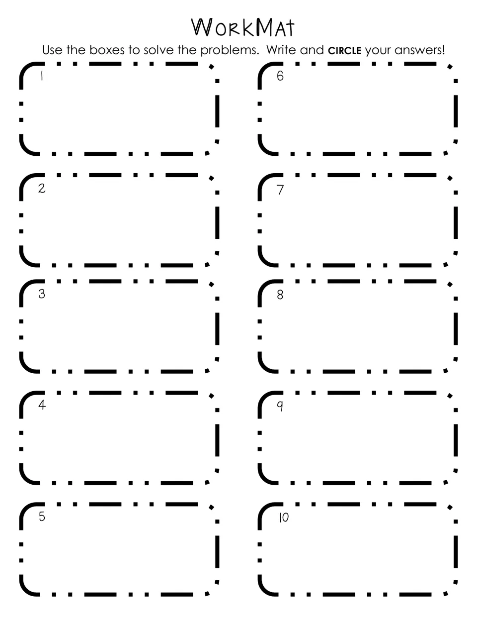 WorkMat for questions 1 to 10: students solve each problem in its numbered space and circle the answer