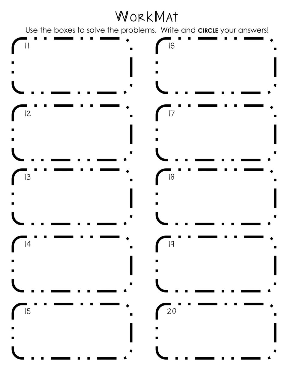 WorkMat for questions 11 to 20: numbered spaces where students show their work and circle each answer