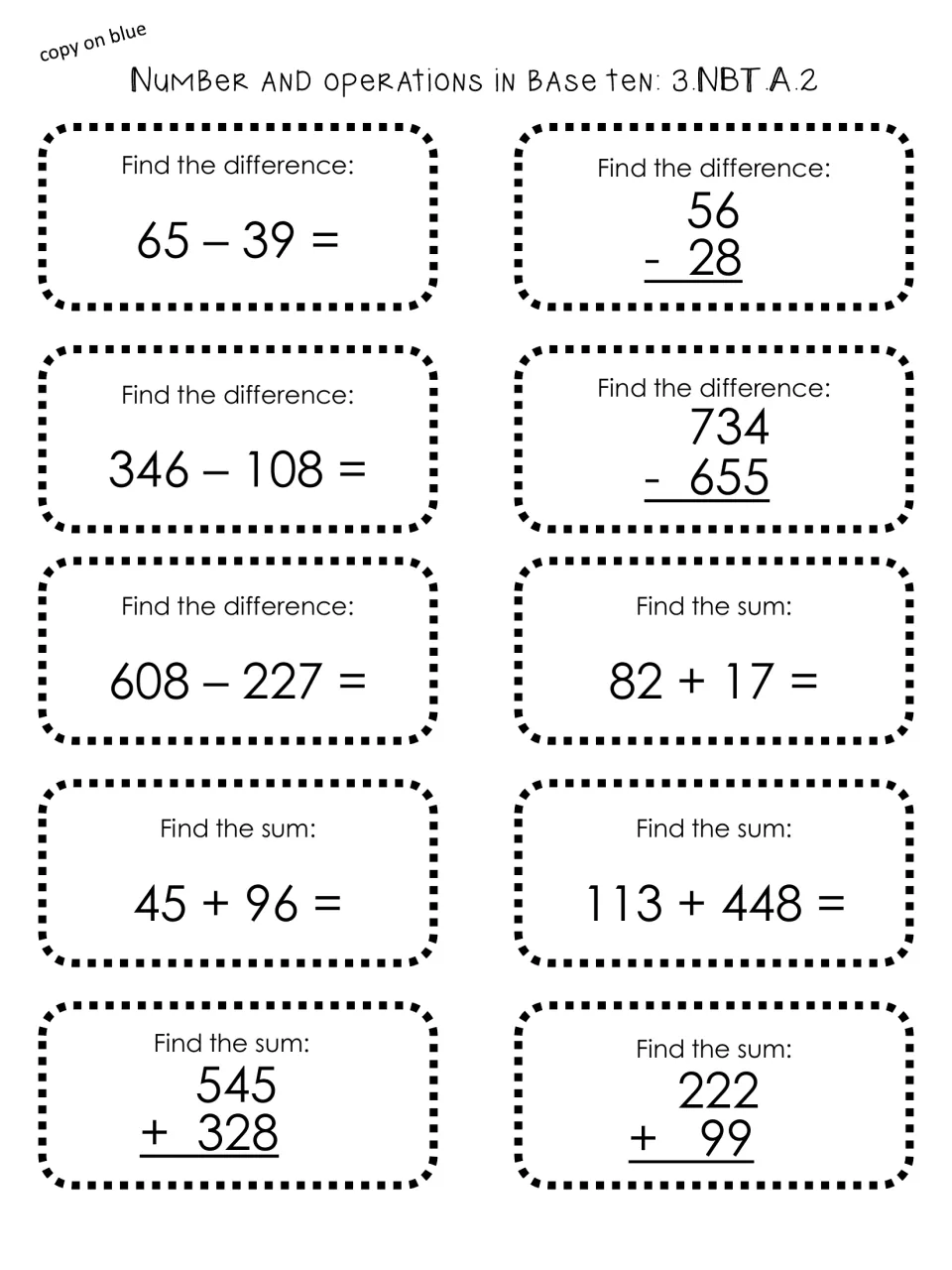 Addition and subtraction cards, 3.NBT.A.2: students find differences like 65 – 39 and sums like 545 + 328