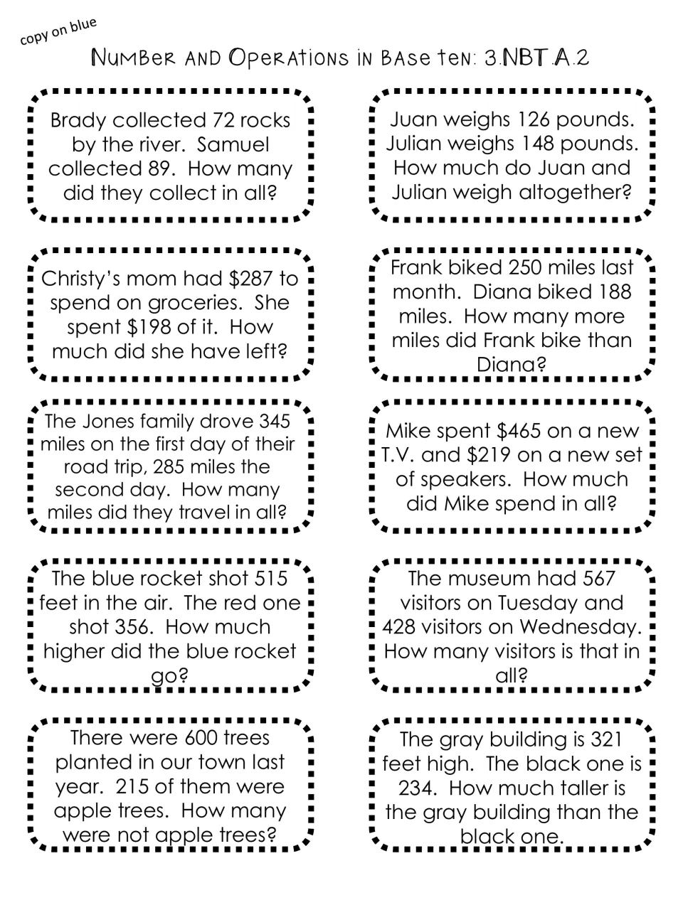 Word problem cards, 3.NBT.A.2: students add or subtract to solve stories about rocks, rockets and museum visitors