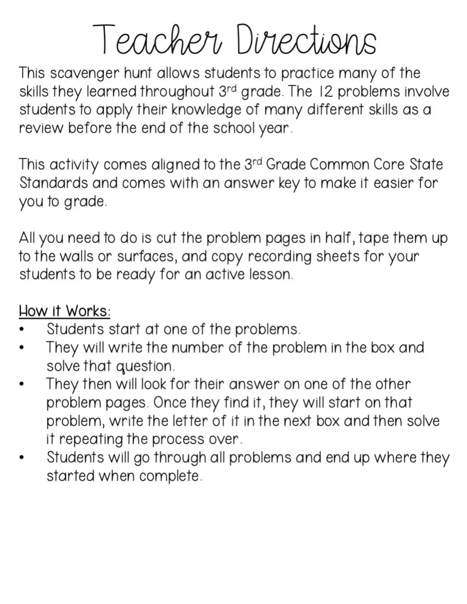 Teacher directions for a 12-problem math review hunt: cut cards in half, post them on walls and copy recording sheets