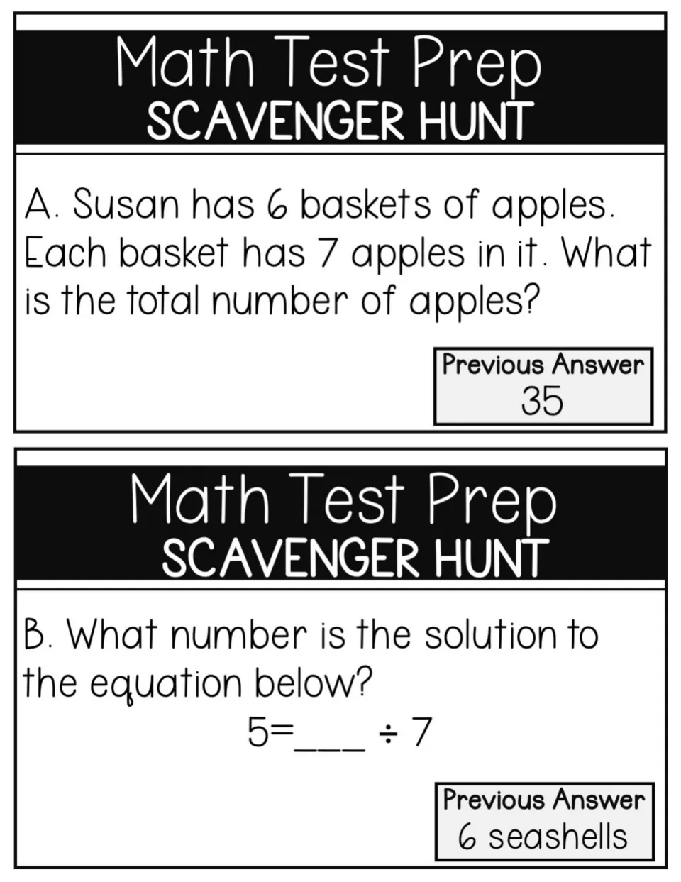 Task cards A and B: students find the total of 6 baskets of 7 apples and solve the missing dividend in 5 = __ ÷ 7