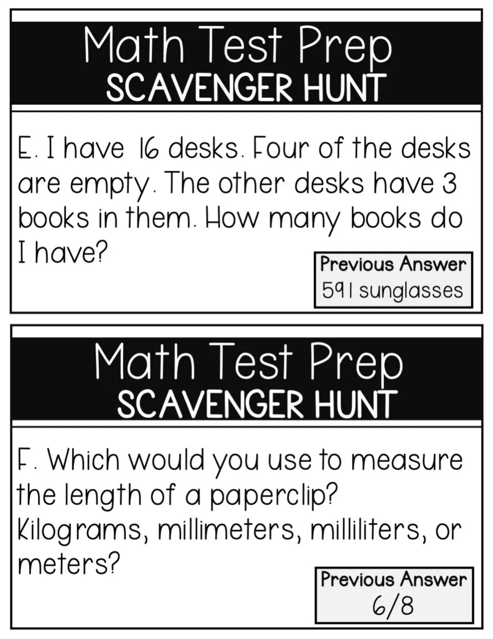 Task cards E and F: a desks-and-books multi-step word problem and choosing the right unit to measure a paperclip