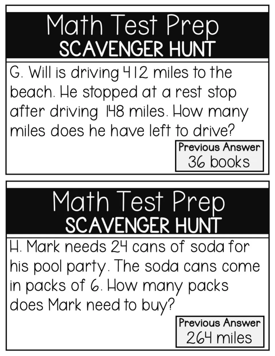 Task cards G and H: word problems subtracting 148 from 412 miles and dividing 24 soda cans into packs of 6