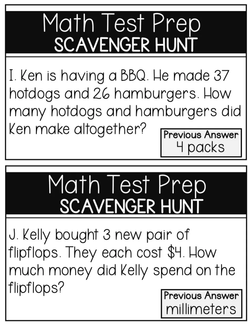 Task cards I and J: adding 37 hotdogs and 26 hamburgers, then finding the cost of 3 pairs of flip-flops at $4 each