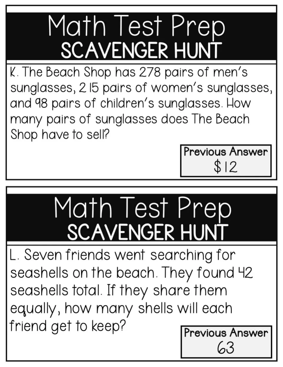 Task cards K and L: adding three sunglasses totals at a beach shop and sharing 42 seashells equally among 7 friends