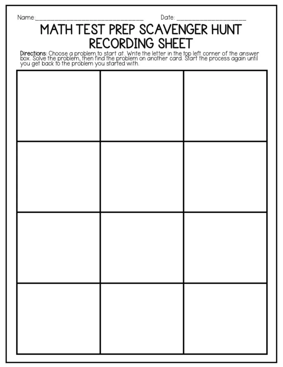 Recording sheet: students write each problem letter in order and show their work for all 12 hunt problems