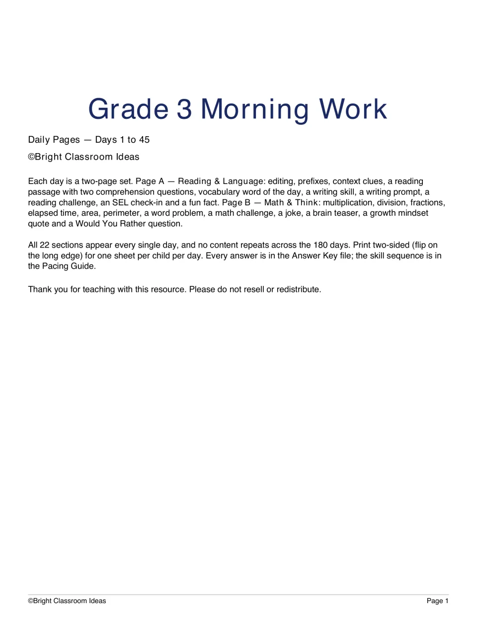 Grade 3 Morning Work title page, Days 1 to 45: two-page daily sets of 22 reading, language, math and think sections