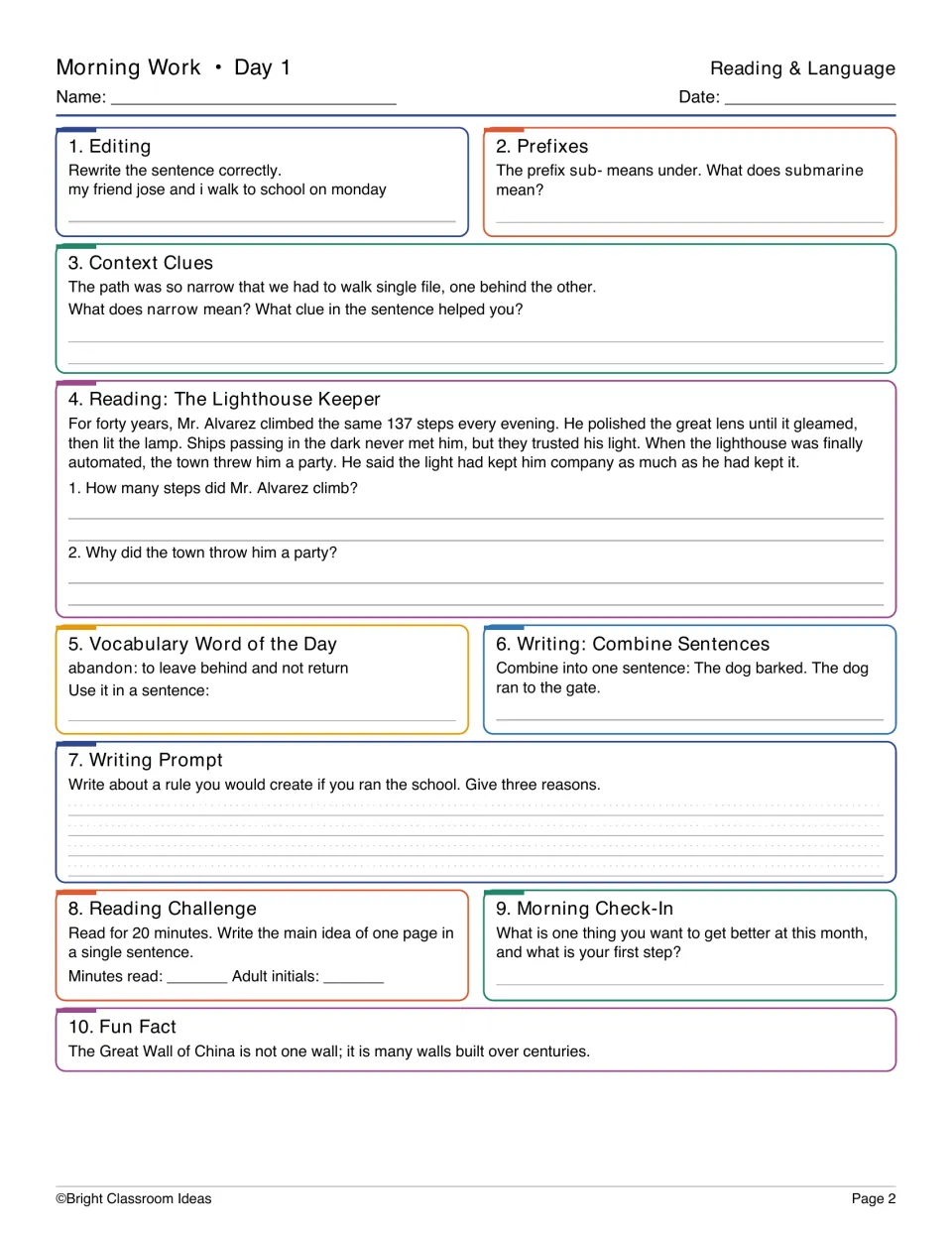 Day 1 reading and language: edit a sentence, define submarine, context clue for narrow, answer Lighthouse Keeper questions