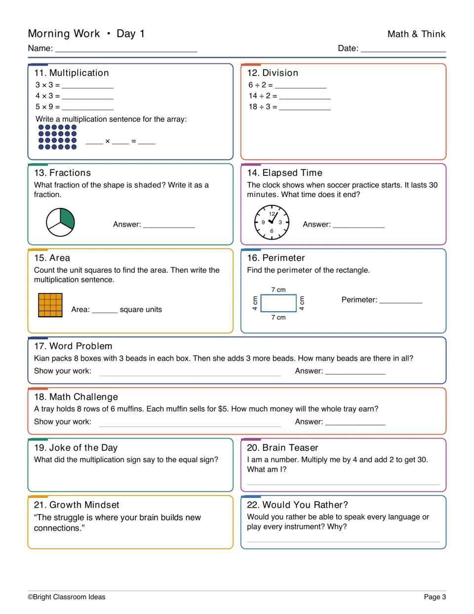 Day 1 math: multiply, divide, name a shaded fraction, elapsed time on a clock, area, perimeter and a bead word problem