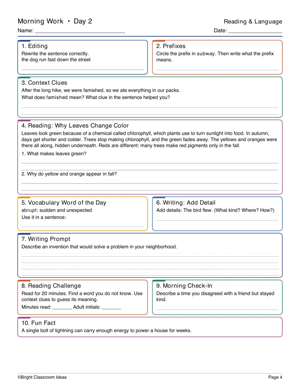Day 2 reading and language: fix a sentence, prefix in subway, define famished, answer questions on why leaves change color