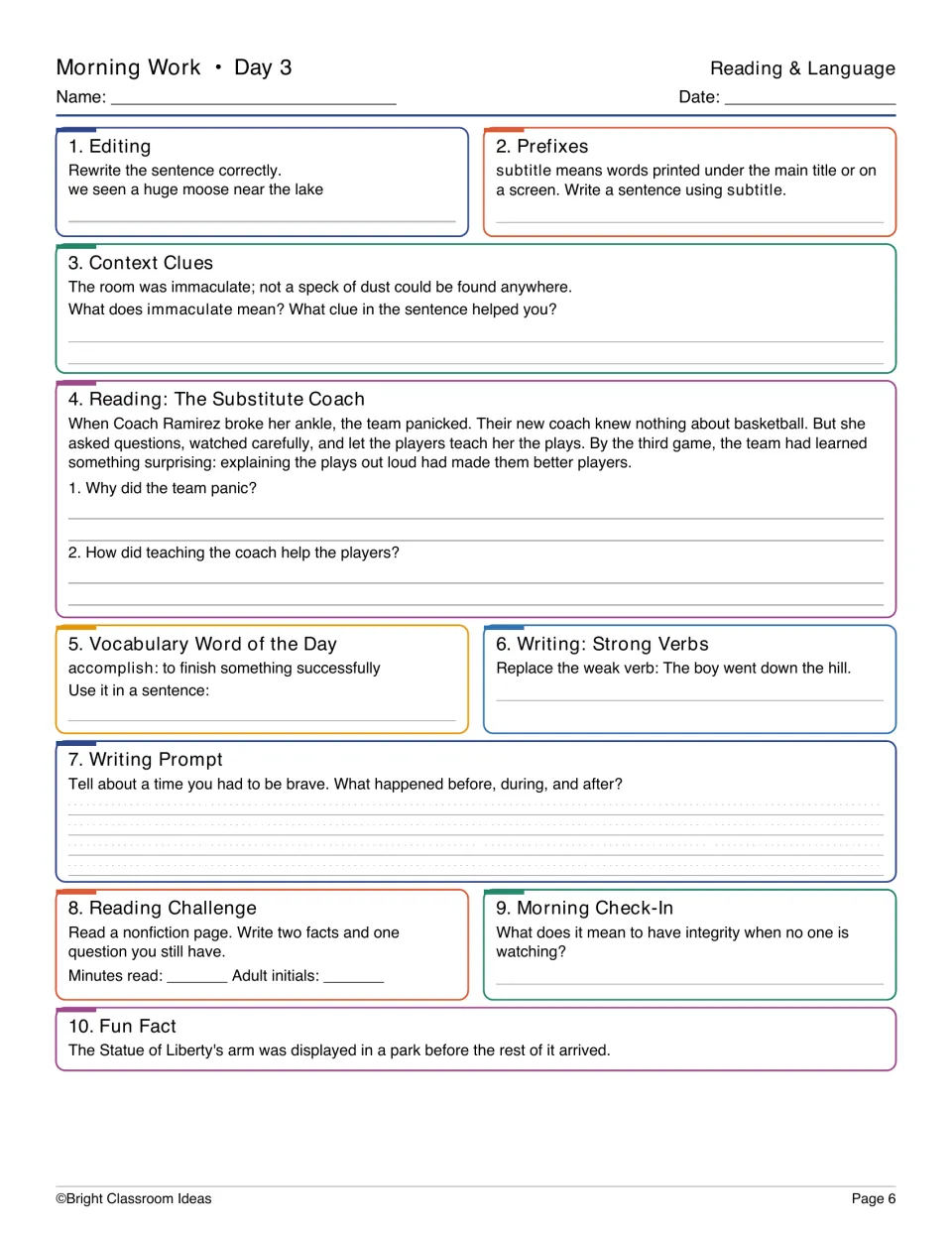 Day 3 reading and language: fix a sentence, use subtitle, define immaculate, answer questions on The Substitute Coach
