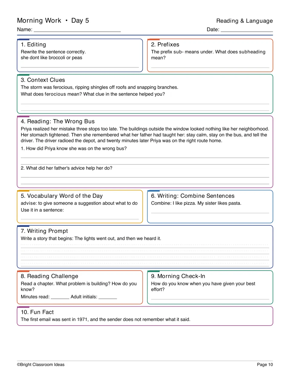 Day 5 reading and language: correct a sentence, define subheading and ferocious, answer questions on The Wrong Bus