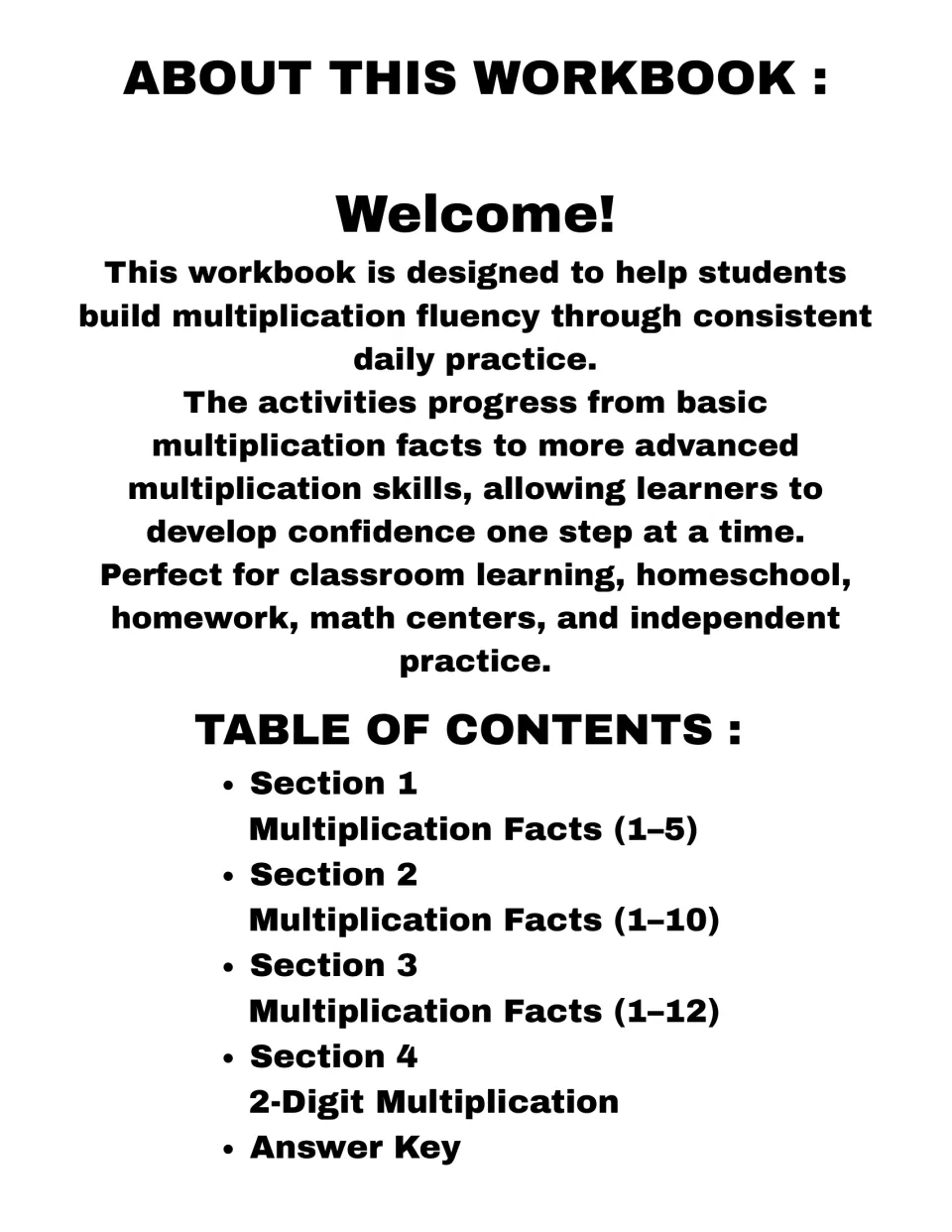 Workbook overview: welcome note and contents listing facts 1-5, 1-10 and 1-12, 2-digit multiplication and answer key