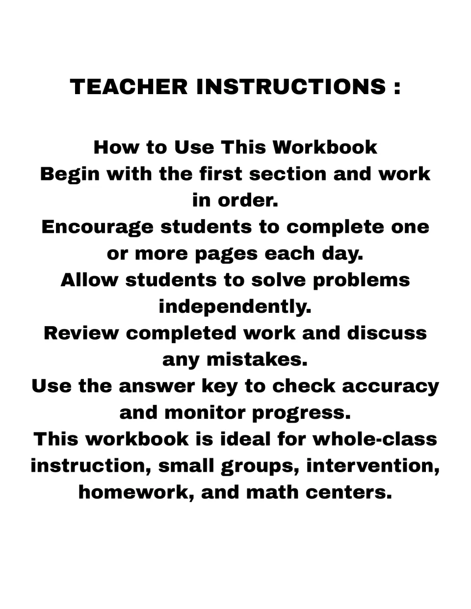 Teacher instructions: do sections in order, assign pages daily, discuss mistakes and check with the answer key