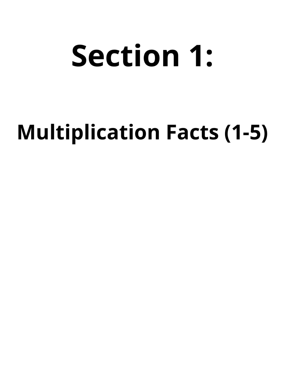 Section 1 divider titled Multiplication Facts (1-5), opening the first set of fact practice pages
