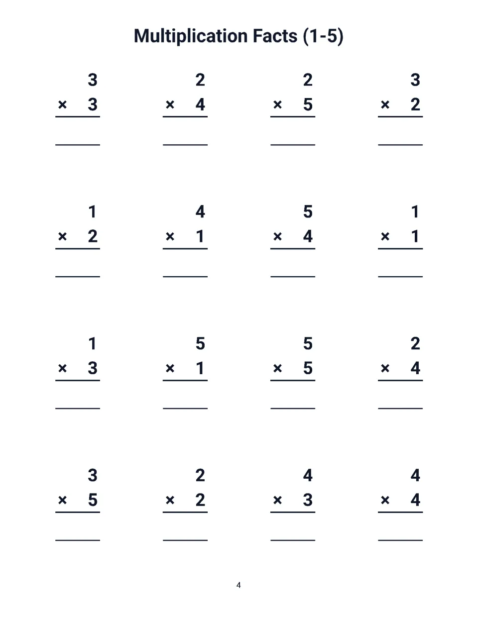 Multiplication facts 1-5: students solve 16 vertical problems such as 3 x 3, 2 x 4 and 5 x 4, writing each product