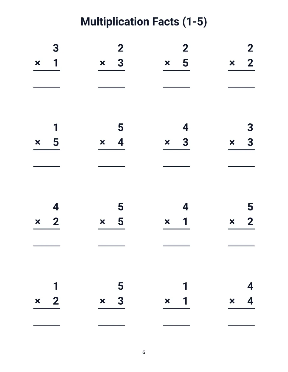Facts 1-5 drill: students find 16 products in vertical form, starting with 3 x 1, 2 x 3, 2 x 5 and 2 x 2