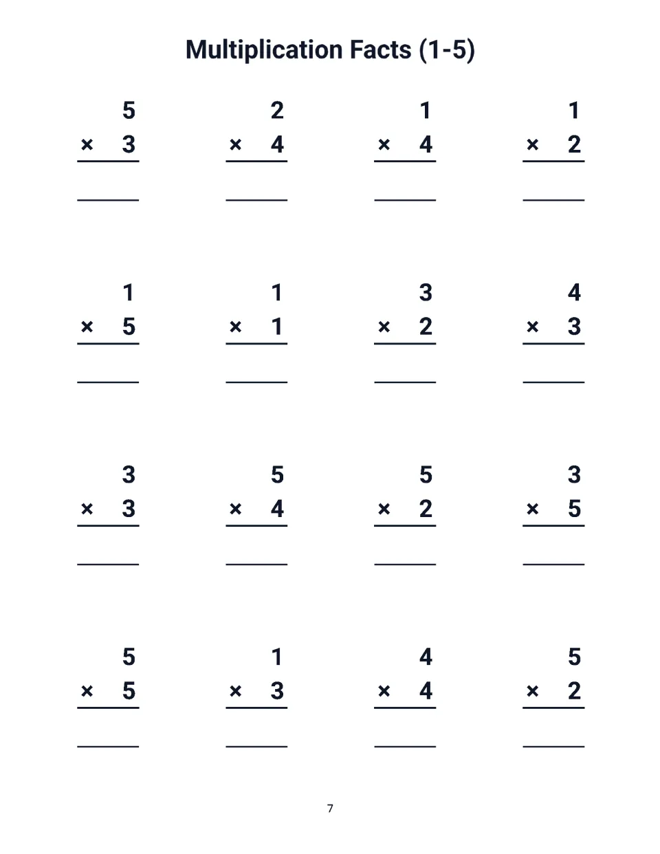 Multiplication facts to 5: 16 vertical problems for students to solve, opening with 5 x 3, 2 x 4, 1 x 4 and 1 x 2