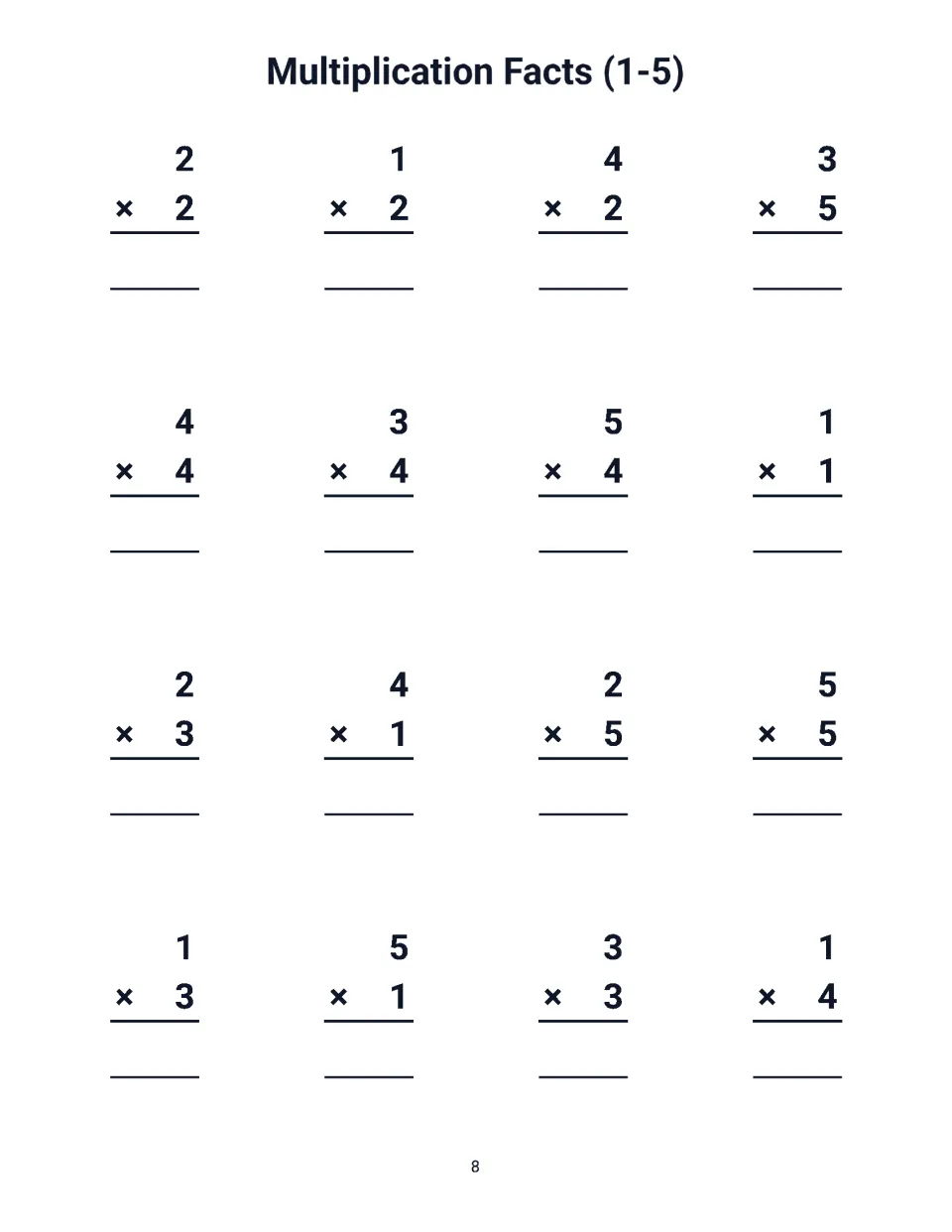 Facts 1 to 5 review: students write products for 16 problems, including 3 x 4, 2 x 3, 5 x 5 and 1 x 4
