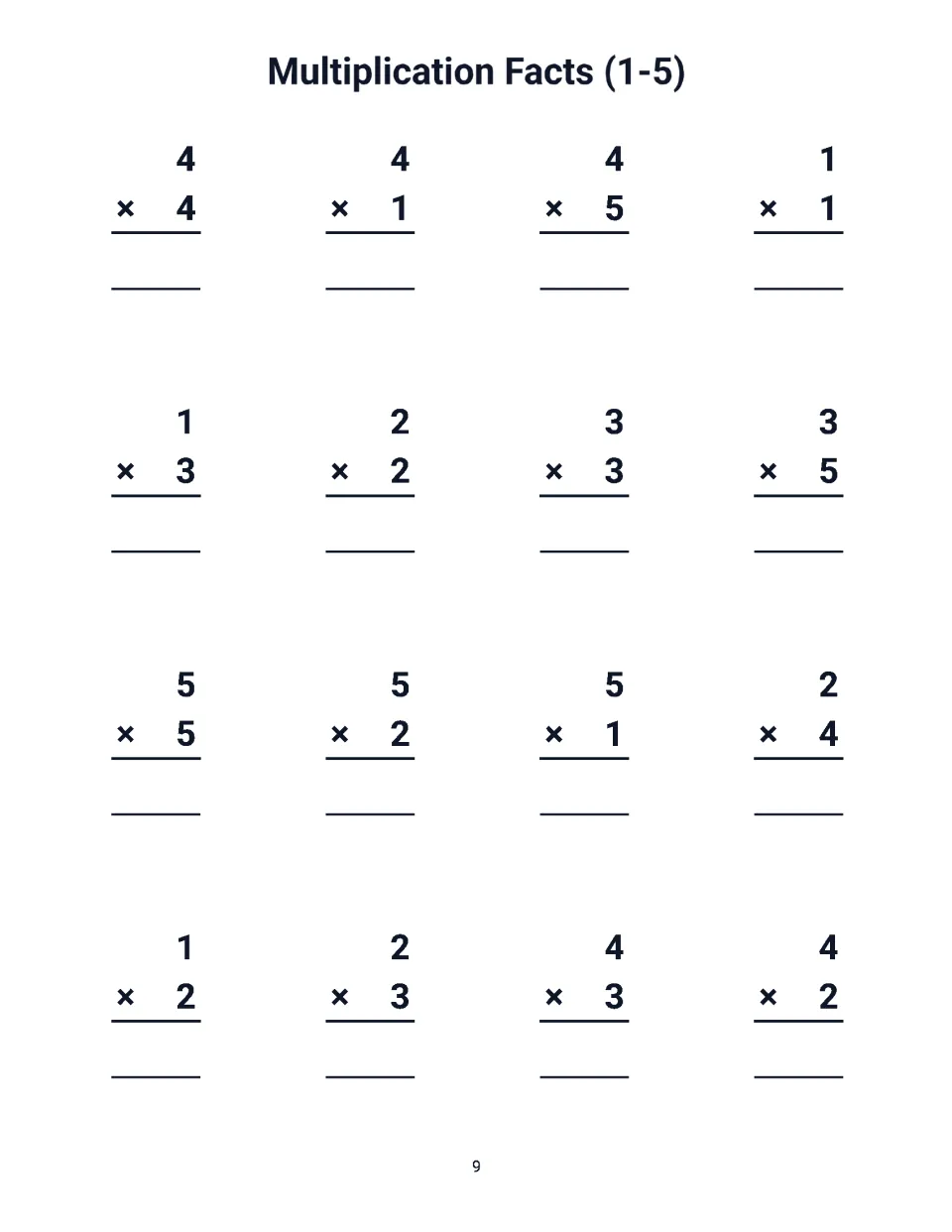 Multiplying factors 1-5: 16 vertical problems to solve, starting with 4 x 4, 4 x 1, 4 x 5 and 1 x 1 in the top row