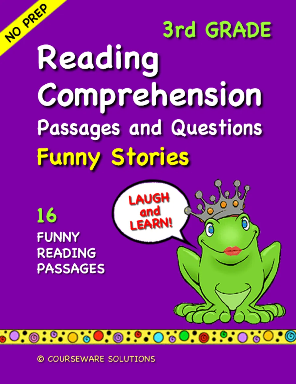 Cover of Reading Comprehension Passages and Questions: Funny Stories, noting 16 passages beside a crowned cartoon frog