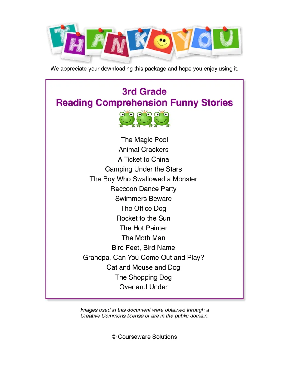 Thank-you note and contents list naming all 16 story titles, from The Magic Pool and Animal Crackers to Over and Under