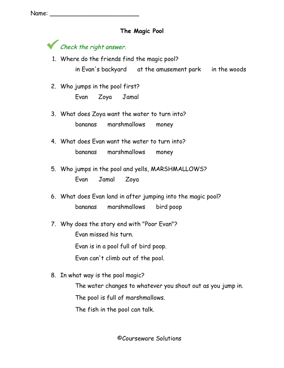 The Magic Pool questions: students check the right answer to 8 multiple-choice items on story details and the ending