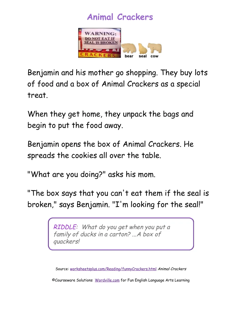 Animal Crackers story: students read how Benjamin misreads a box warning about a broken seal, plus a duck riddle