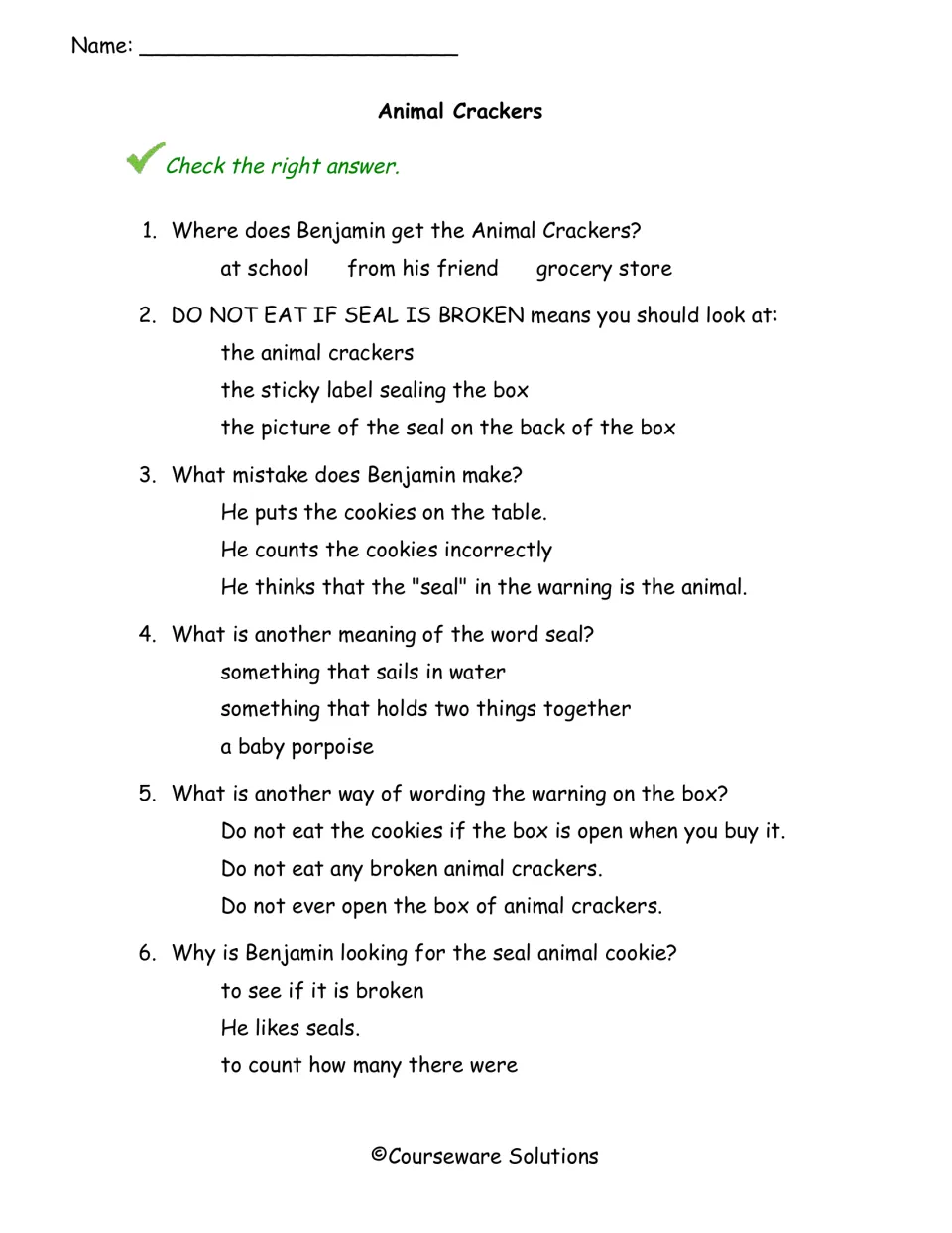 Animal Crackers questions: students check answers on 6 items about the warning label and the two meanings of seal