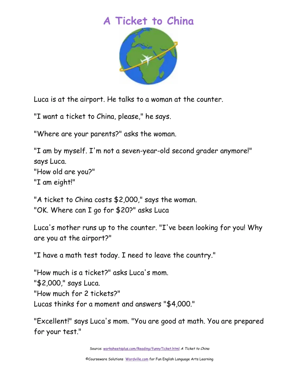 A Ticket to China story: students read how Luca tries to buy a flight to skip a math test until his mom steps in