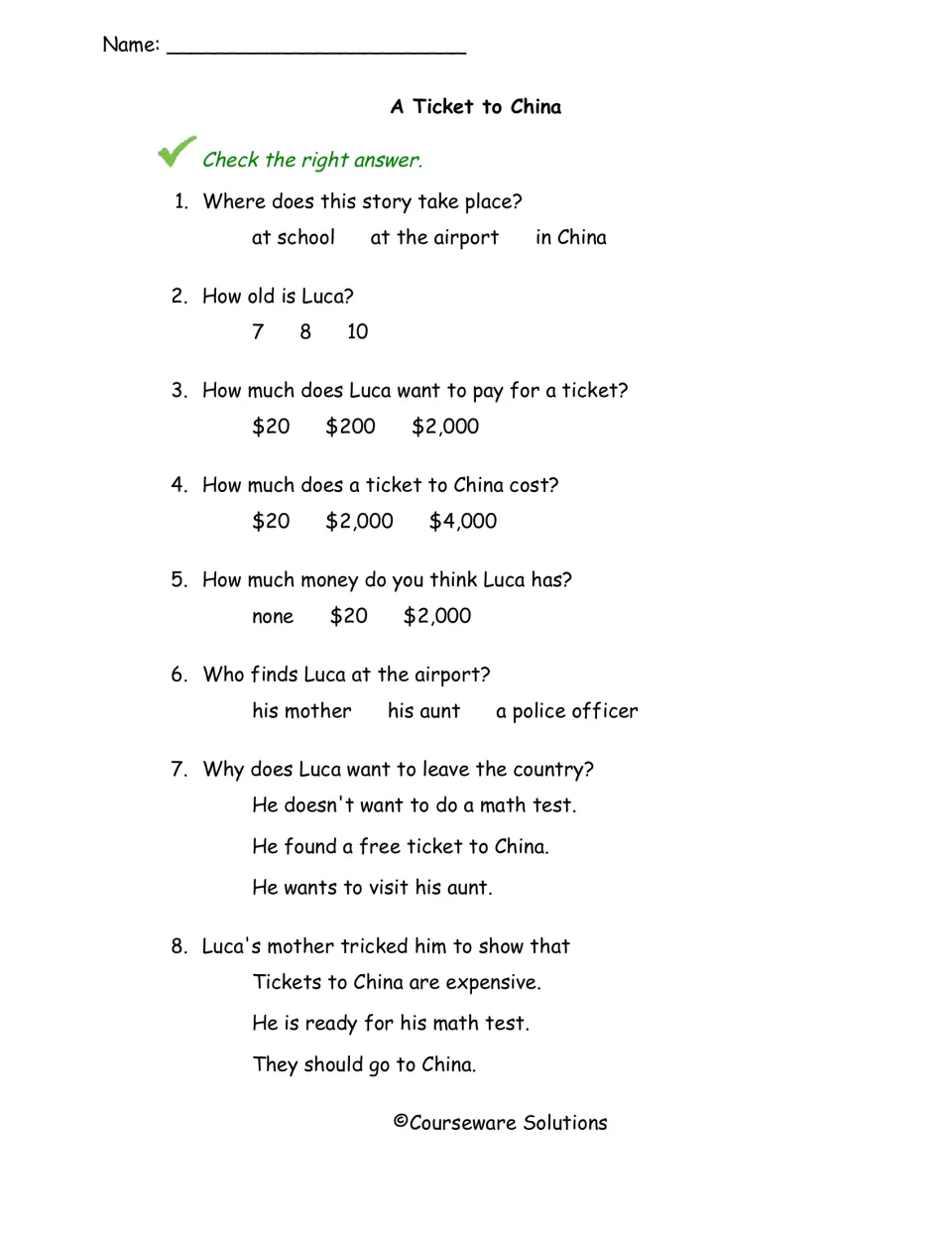A Ticket to China questions: students check the right answer on 8 items about setting, prices, Luca's age and his motive