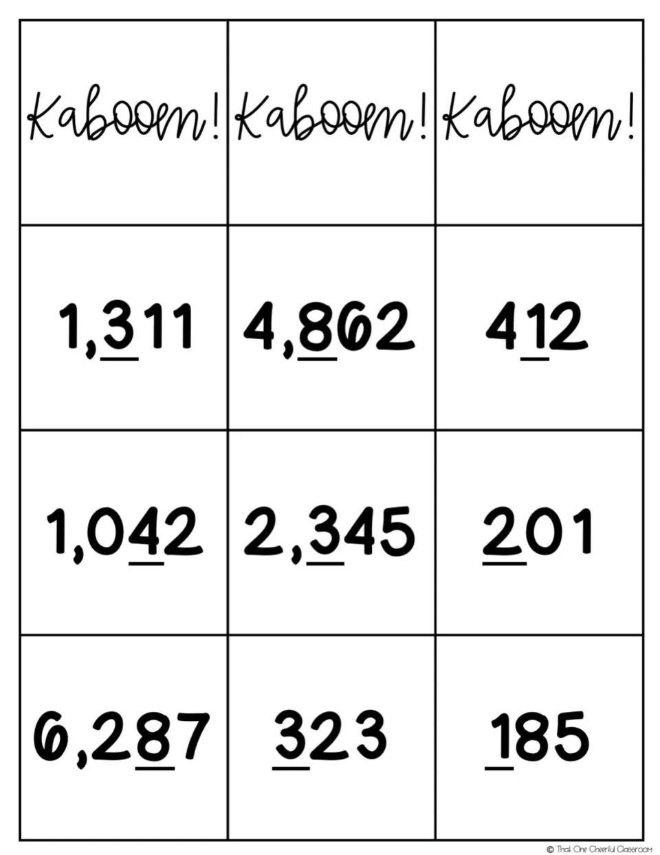 Rounding cards: 3 Kabooom! cards and 9 numbers such as 1,311, 4,862 and 412, each with the tens or hundreds digit underlined