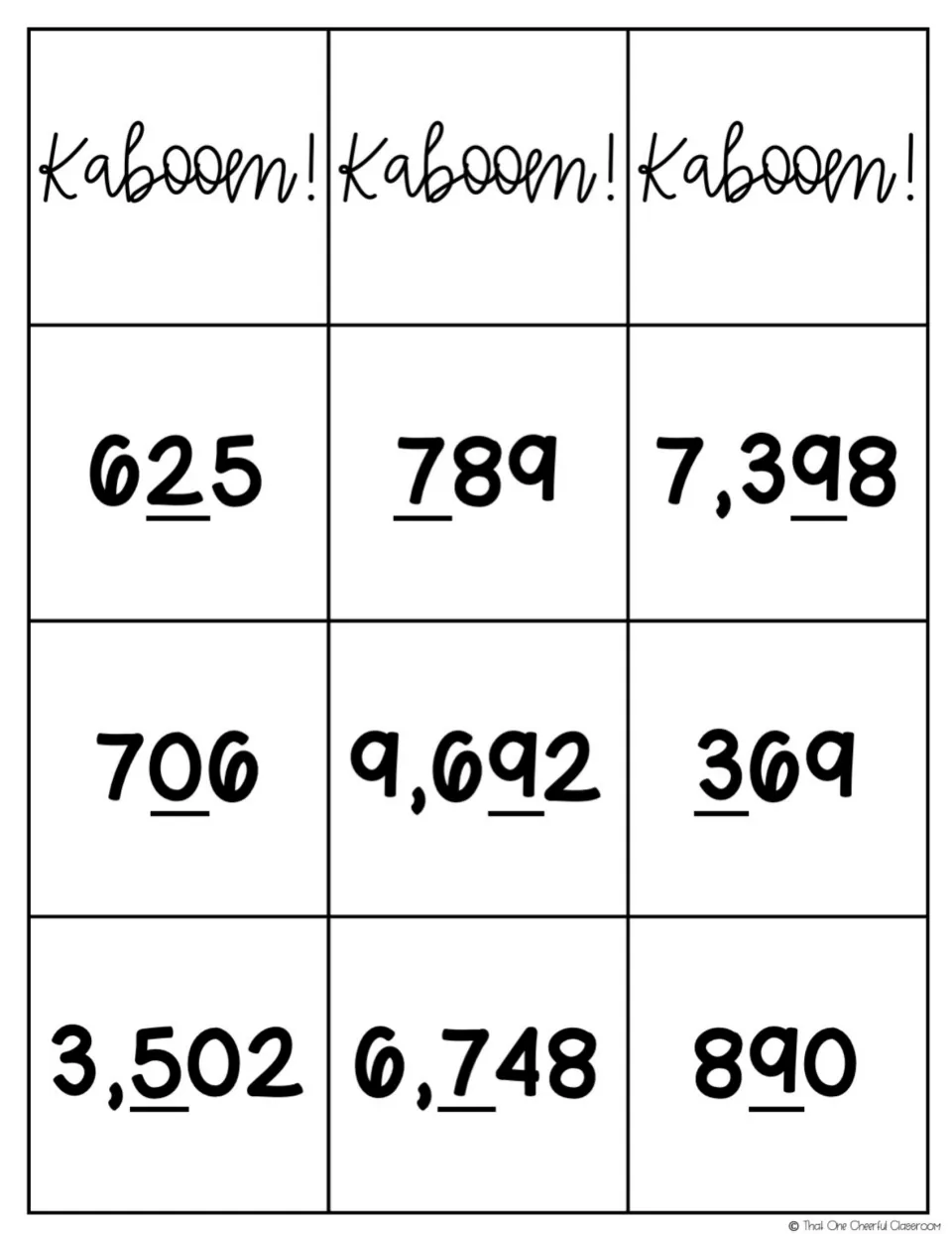 More rounding cards: 3 Kabooom! cards plus numbers like 625, 7,398 and 9,692; students round to the underlined place value