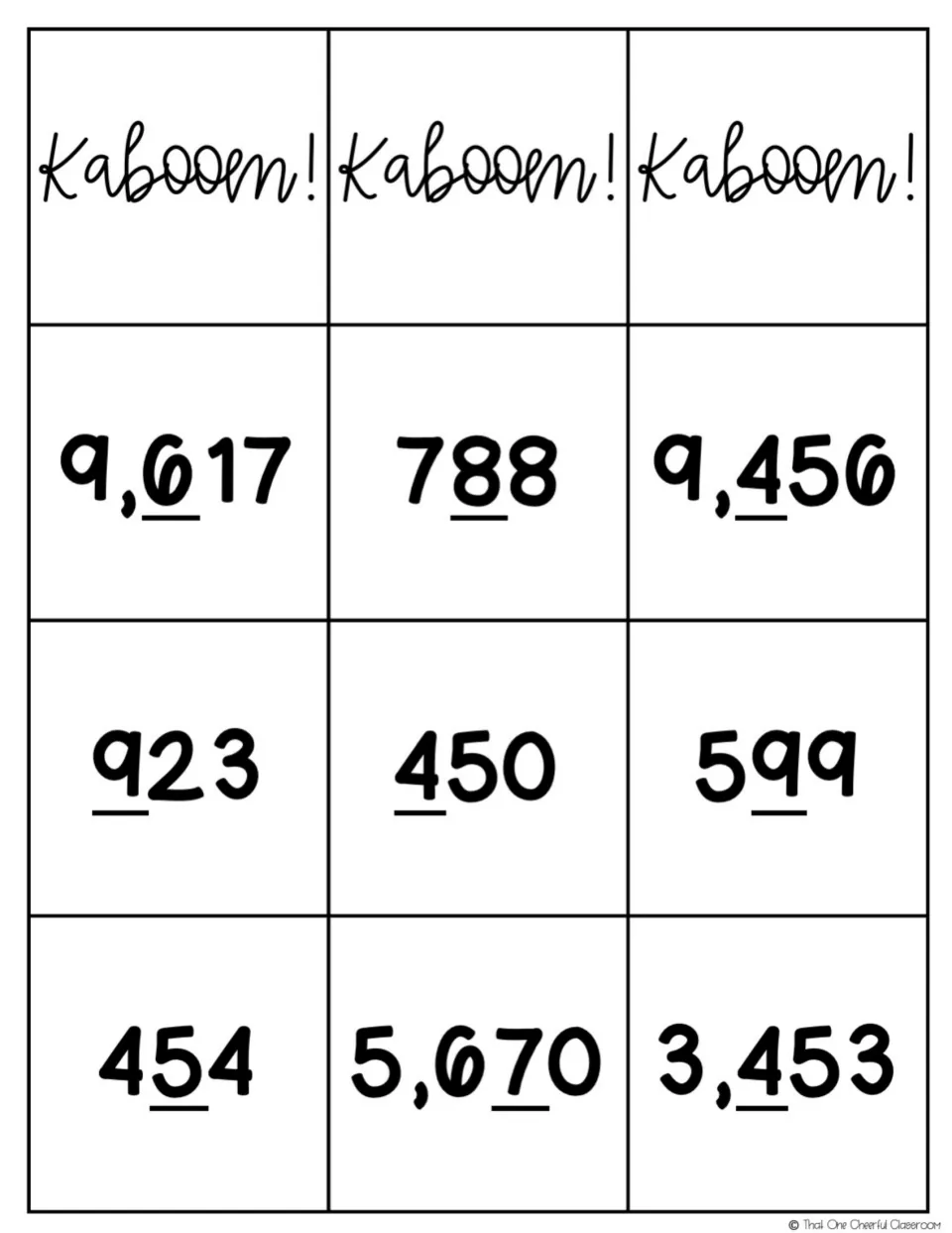 Rounding cards, set 3: 3 Kabooom! cards and numbers including 9,617, 450, 599 and 5,670 to round to the underlined digit