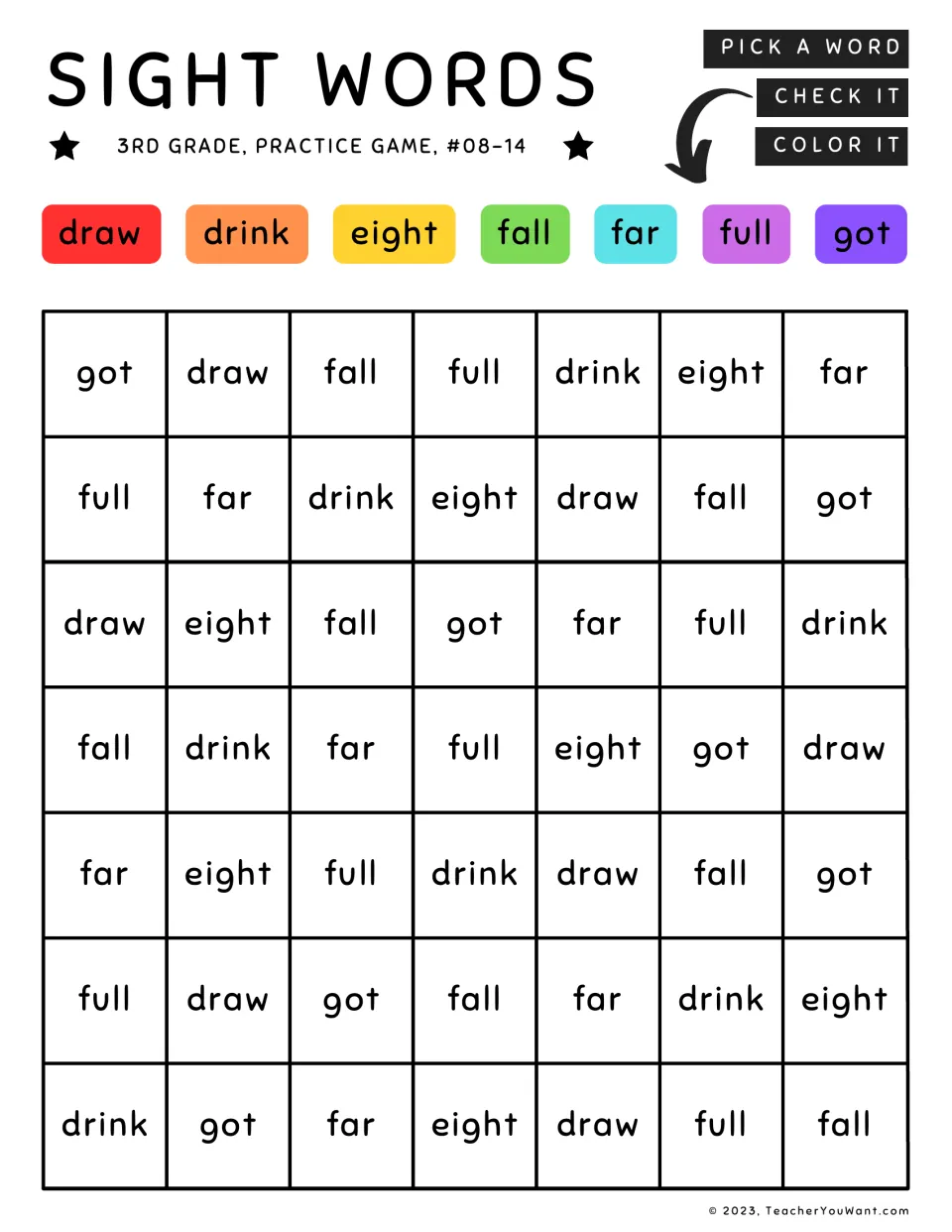 Sight word coloring practice game: draw, drink, eight, fall, far, full, and got, each repeated.