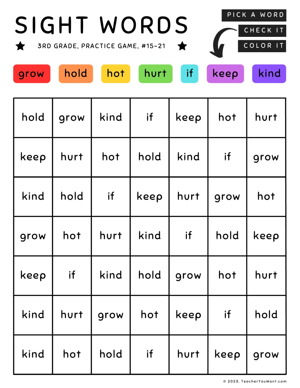 Sight word coloring practice game: grow, hold, hot, hurt, if, keep, and kind, each repeated.