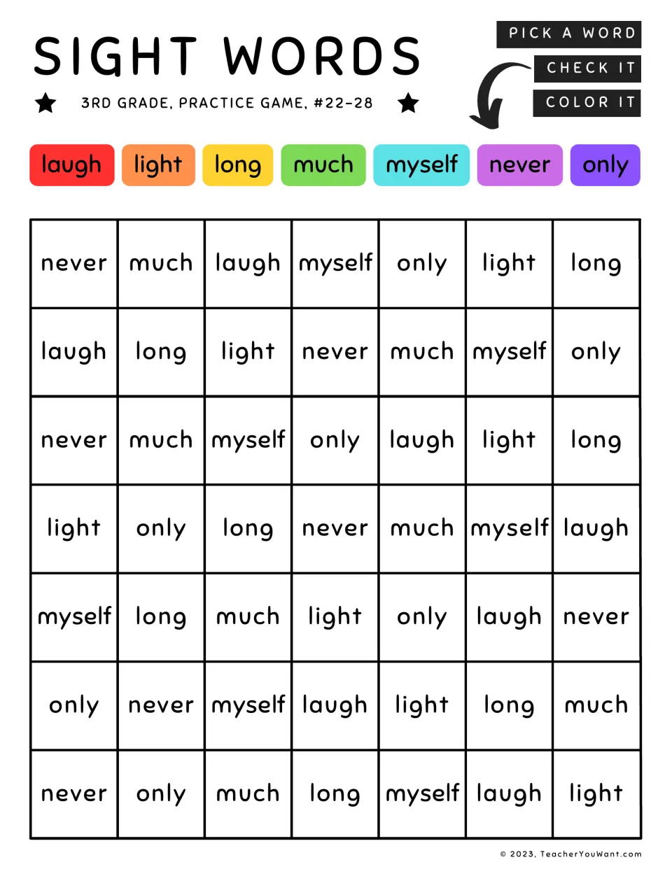 Sight word coloring practice game: laugh, light, long, much, myself, never, and only, each repeated.