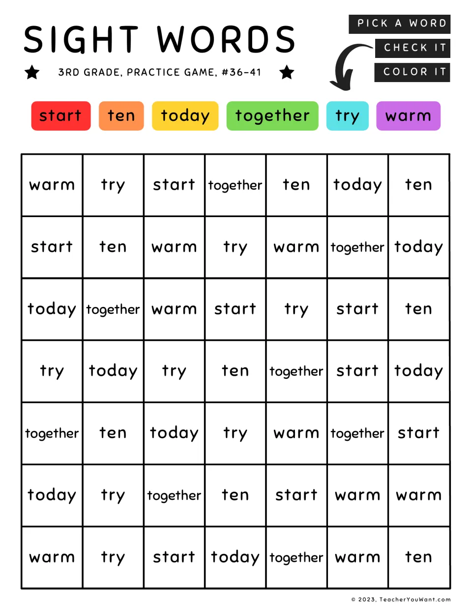Sight word coloring practice game: start, ten, today, together, try, and warm, each repeated.