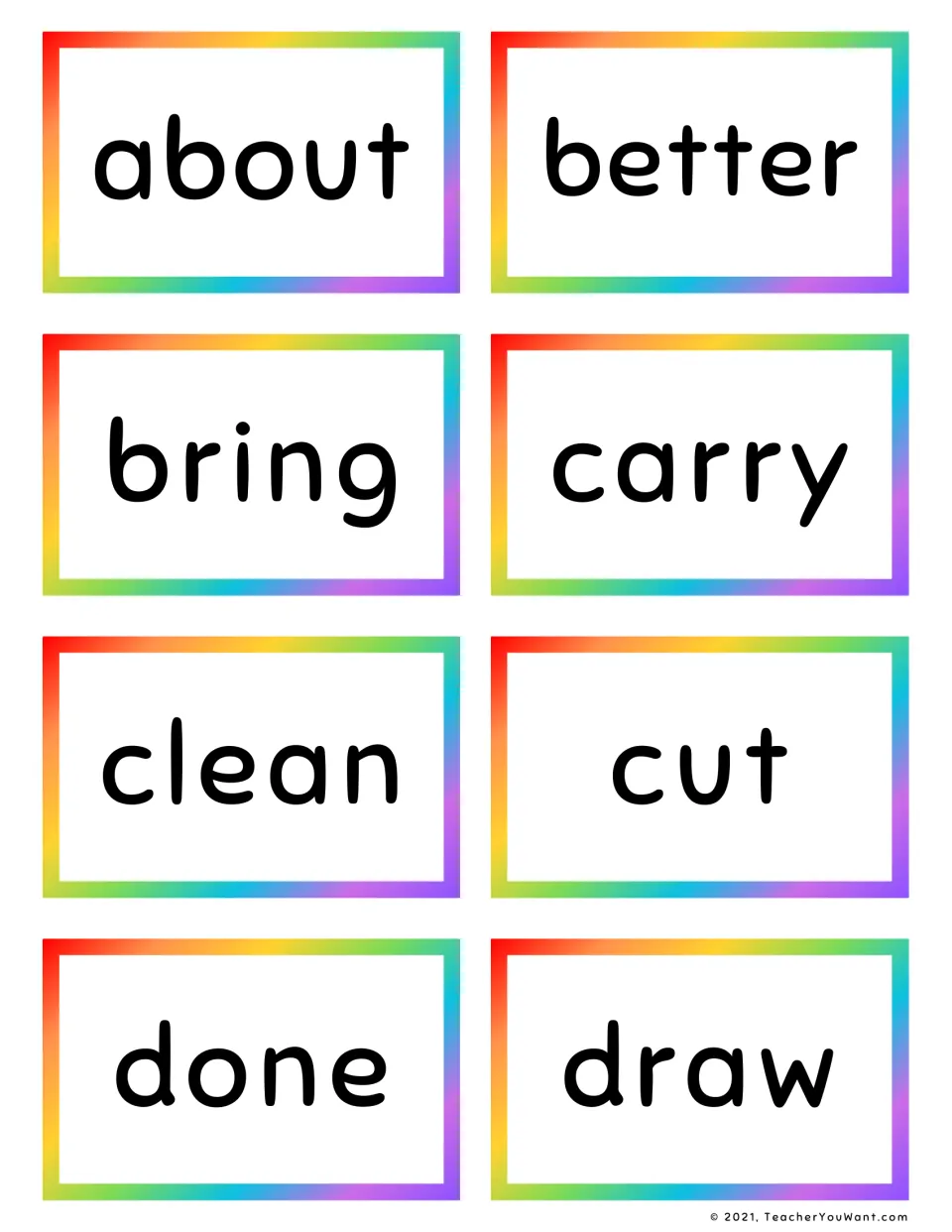 Sight word flash cards: eight cards to cut apart for reading about, better, bring, carry, clean, cut, done and draw