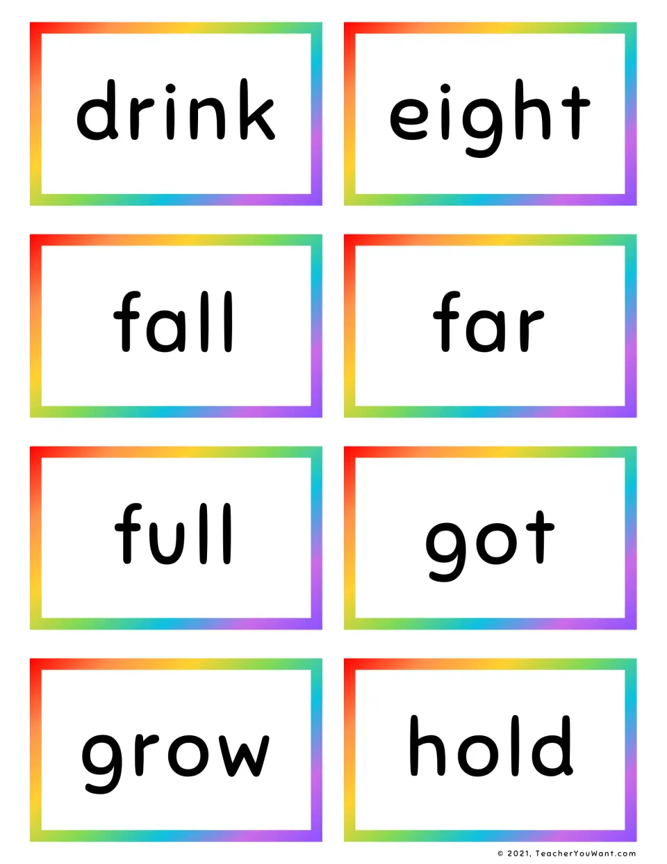 Sight word cards for word recognition: drink, eight, fall, far, full, got, grow and hold, one bold word on each card