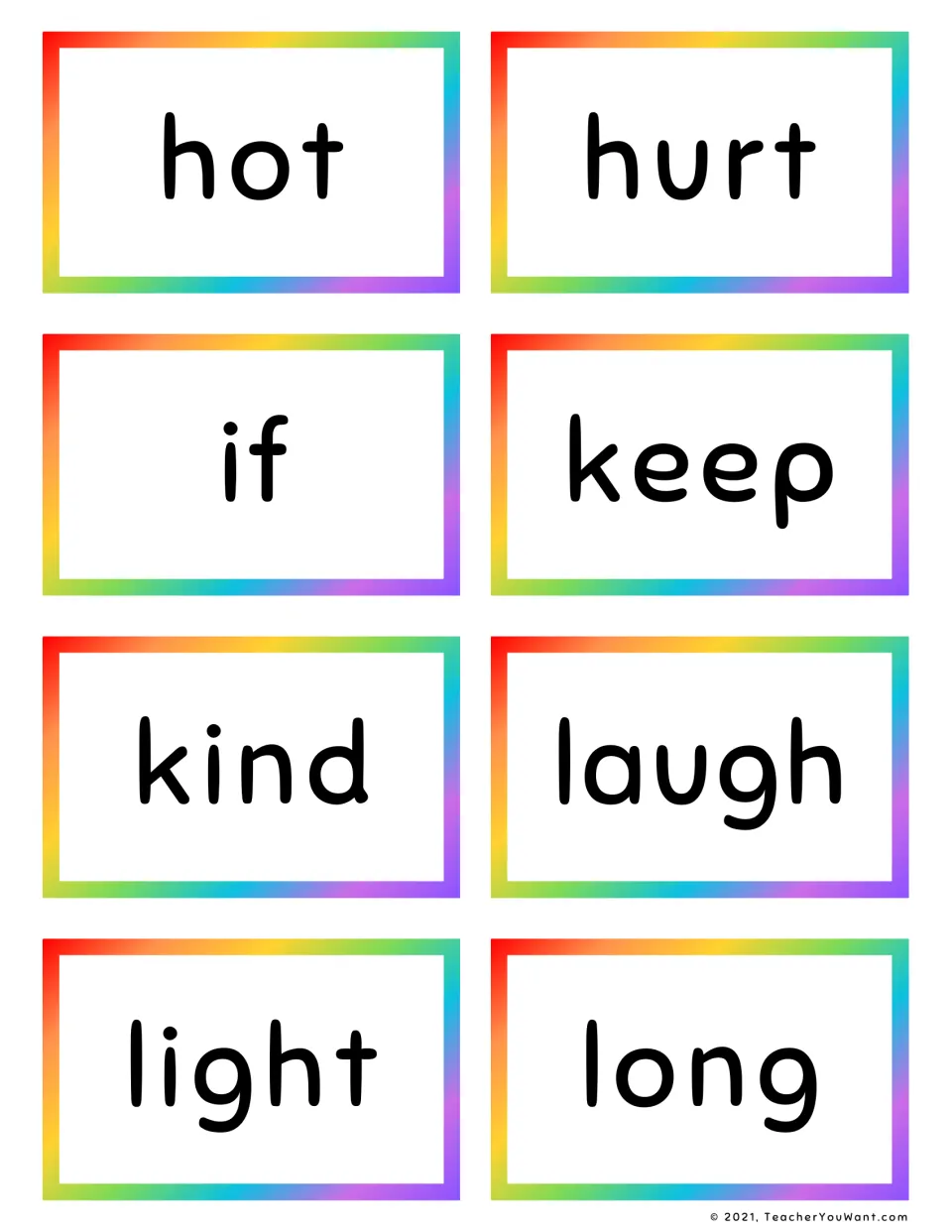 Flash cards for practising sight words hot, hurt, if, keep, kind, laugh, light and long, eight words to read aloud