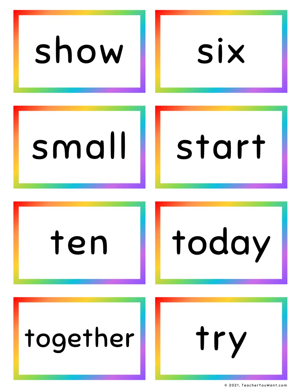 Word cards for sight reading: show, six, small, start, ten, today, together and try, eight cards to cut out and review